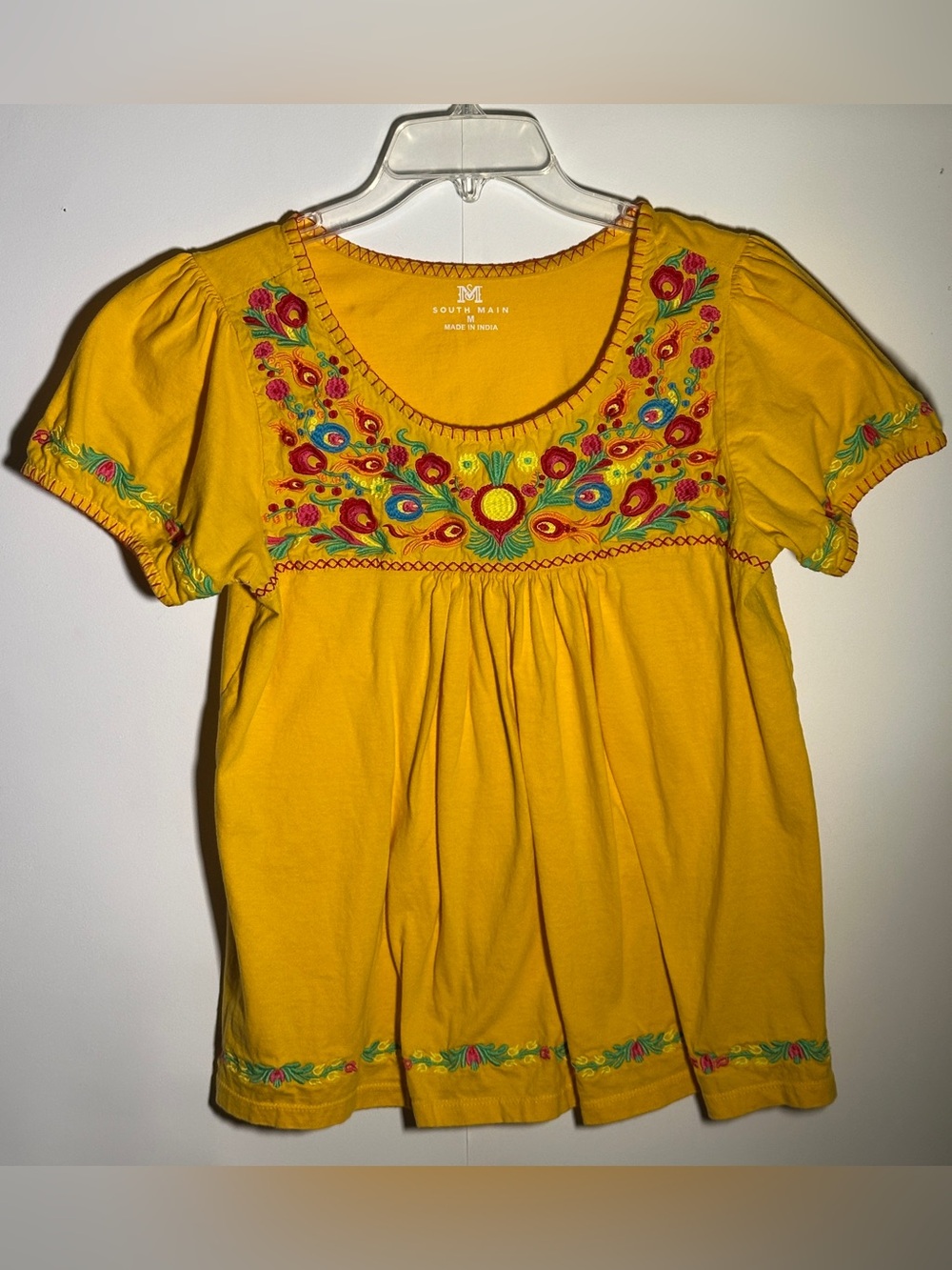 South Main Yellow Embroidered Scoop-Neck Women's Blouse